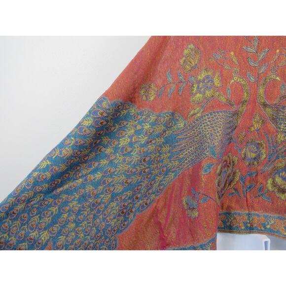 100% Pashmina Shawl Blue Red Orange Metallic Peacocks Fringe Florals Boho  Wool - Picture 6 of 8